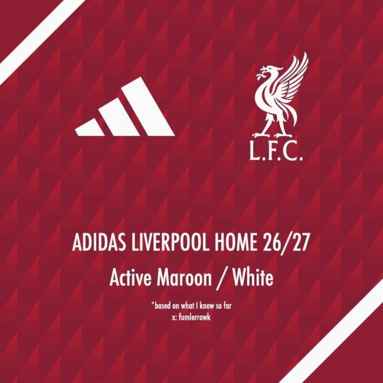 利物浦26-27赛季主场球衣谍照：采用深红色调+白色细节装饰